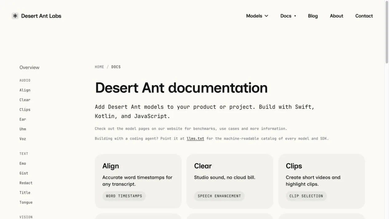 Desert Ants dokumentation med separata modeller för ljud, text och bild.