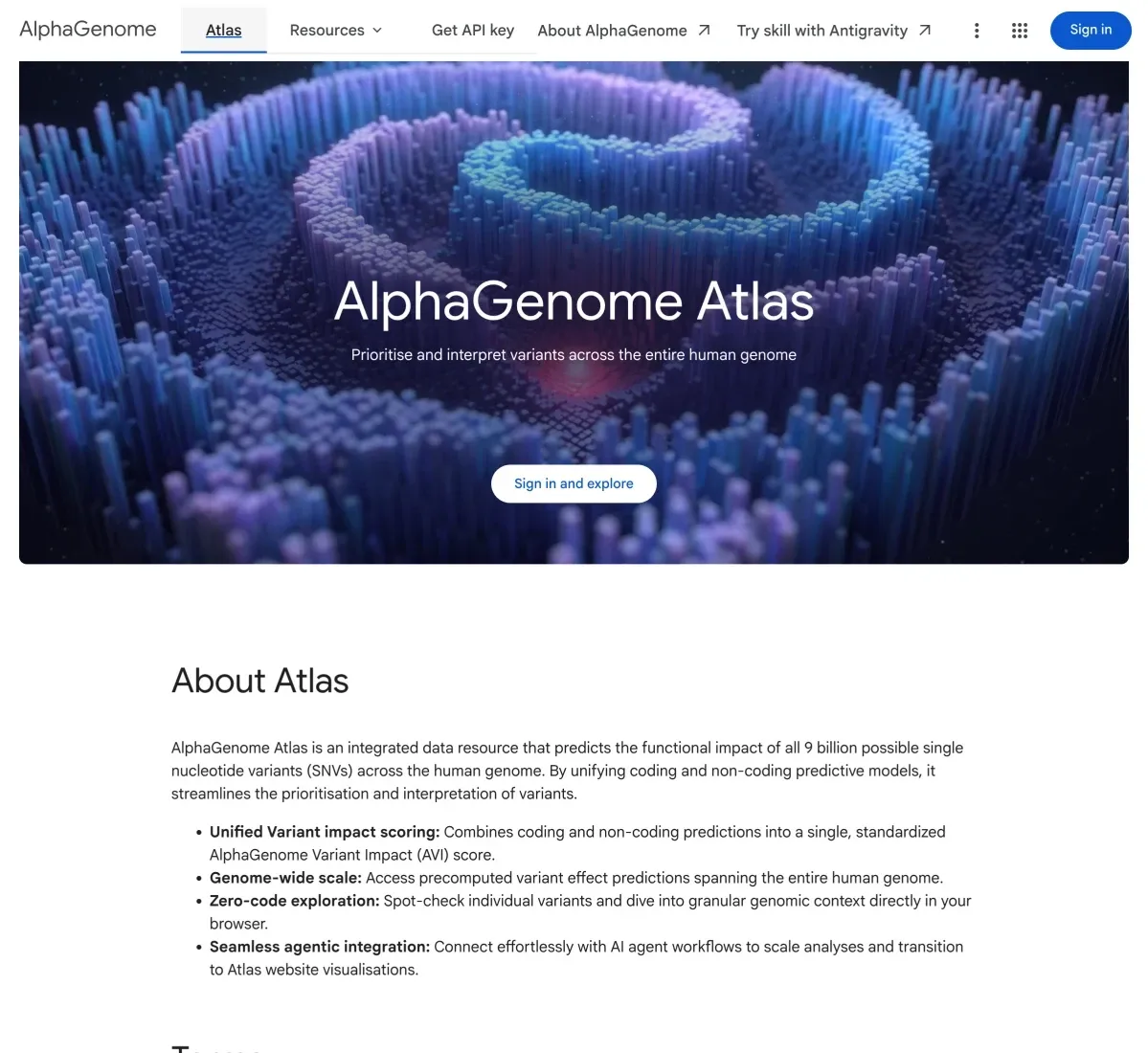 AlphaGenome Atlas officiella portalsida med beskrivning av sökning, AVI-värde och API-integration