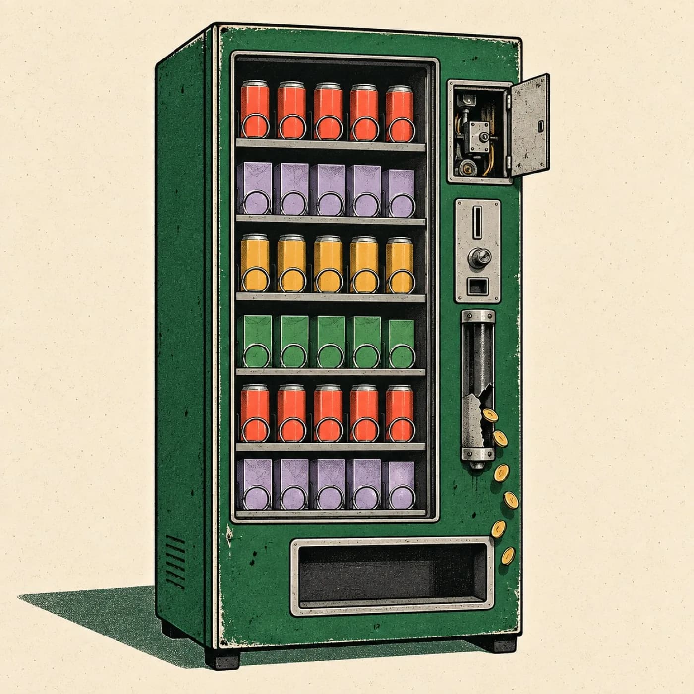 En illustrerad grön varuautomat med öppen kontrollucka och en läckande myntränna gestaltar risken med att betala innan leverantören har kontrollerats på nytt. Illustration: Debrief / OpenAI. Bearbetning: genererad illustration, nedskalad till 1 400 px och JPEG-komprimerad.