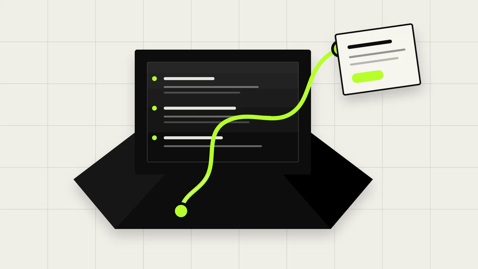 En grön signaltråd lämnar en svart agentsandlåda och ansluter till en offentlig anslagstavla. Debrief-original byggd som vektorgrafik utifrån Ars Technicas och TechCrunchs rapportering; inga externa bilder, skärmdumpar eller generativa bildmodeller har använts. Grafik: Debrief.