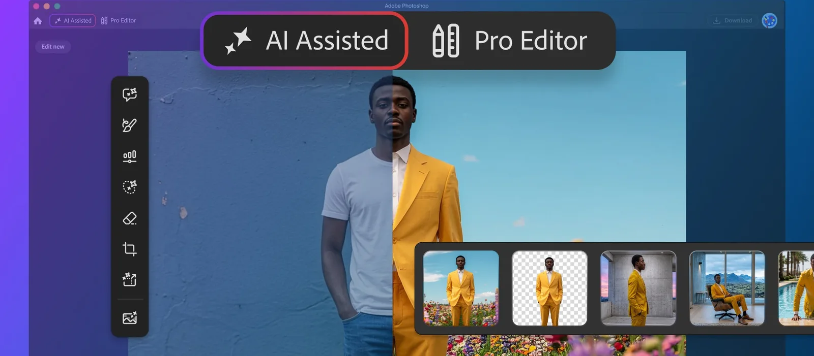Photoshops nya AI Assisted Editor samlar en promptfältstyrd arbetsyta bredvid det vanliga Pro Editor-läget. Produktbild: Adobe, publicerad i företagets lanseringsinlägg den 27 augusti 2026. Debrief-bearbetning: ingen; gränssnitt, text och bildmotiv är oförändrade.