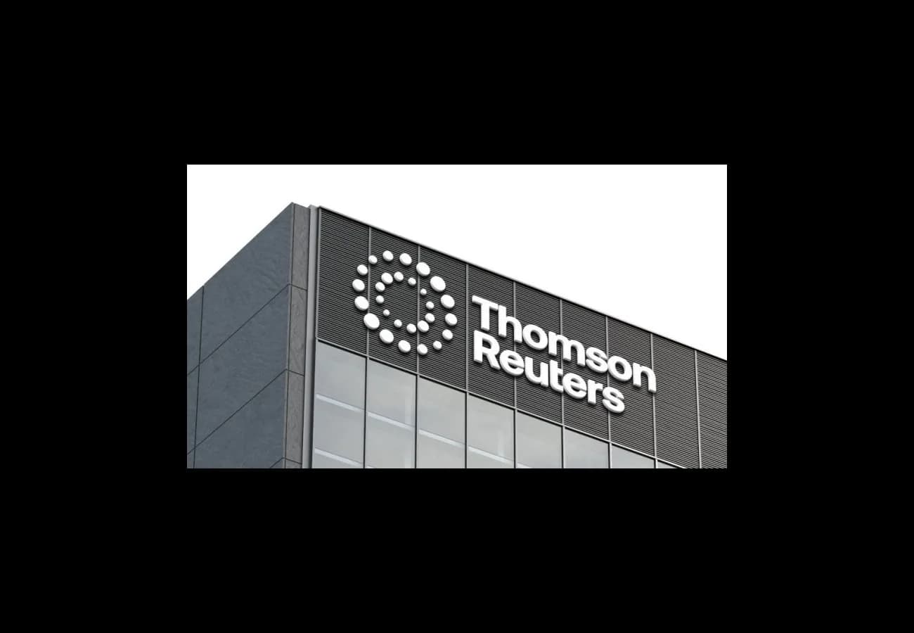 Detalj av Thomson Reuters byggnad och skyltning