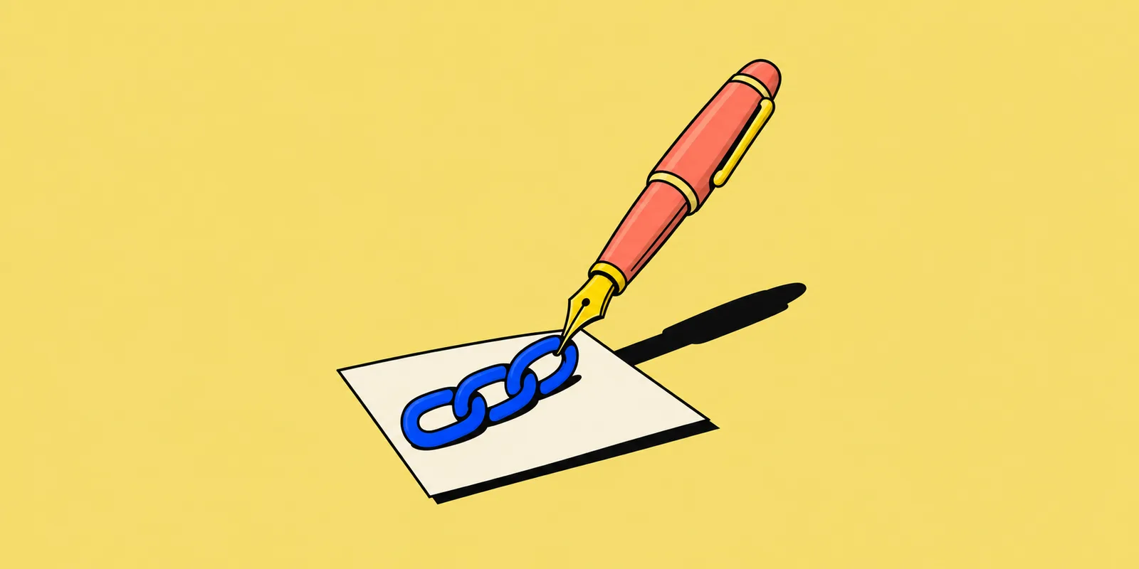 En pennas bläckspår blir en kedja som gestaltar spårbarheten bakom forskningsresultat. AI-genererad konceptuell illustration: Debrief. Bildmanér: Editorial Objects. Anpassad till brett format.
